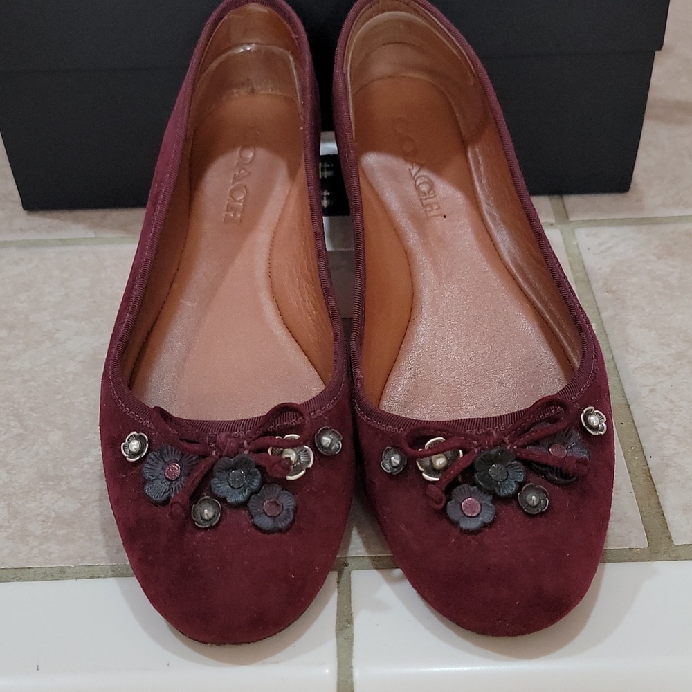 Coach Women’s Burgundy Suede Ballet Flats with Floral Trim